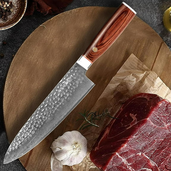KEGANI 8" Damascus Japanese Knife - 67 Layers 10Cr15CoMoV Chef Knife Hammered Texture Damascus Knife - FullTang Rose Wood Handle Chefs Knife with Gift Box&Sheath
