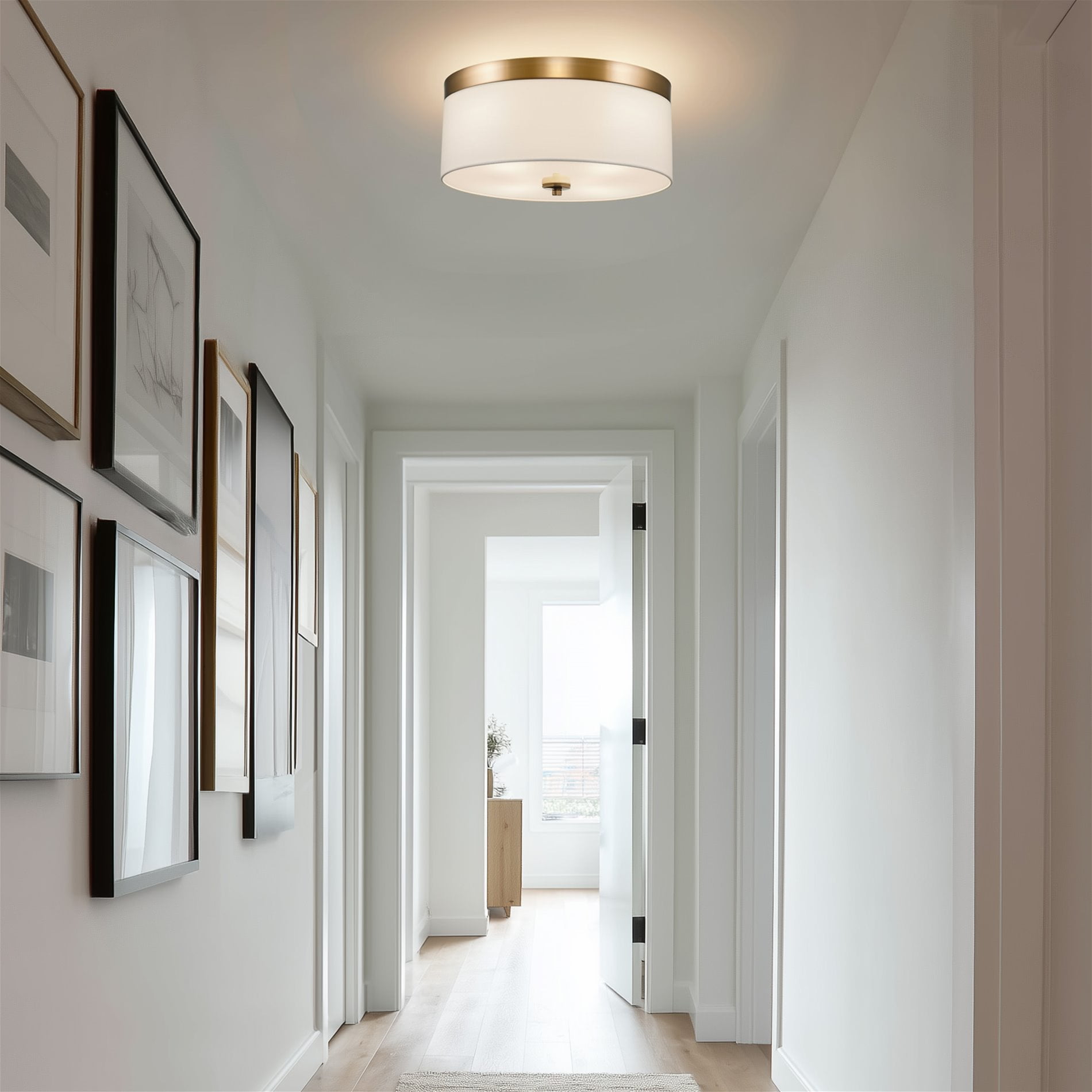 Kira Home Walker 15" Drum Gold Flush Mount Ceiling Light, White Fabric Shade, Frosted Glass Diffuser, Close to Ceiling