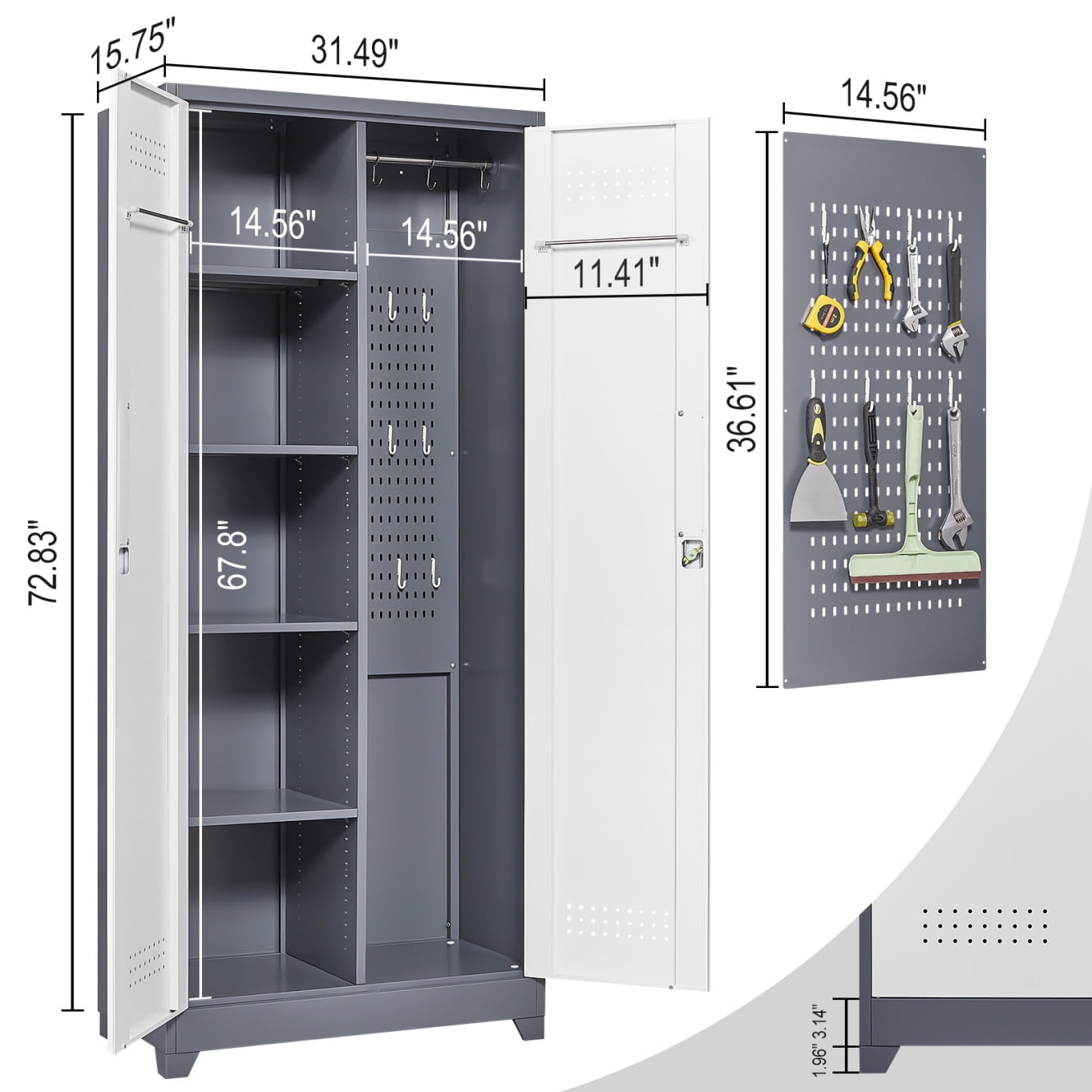 72'' Metal Garage Cabinet, Cleaning Tool Cabinets With Lockable Doors, High Broom Tool Storage Cabinets with Adjustable Shelves, for Kitchens, Offices, Shops, Grey+White
