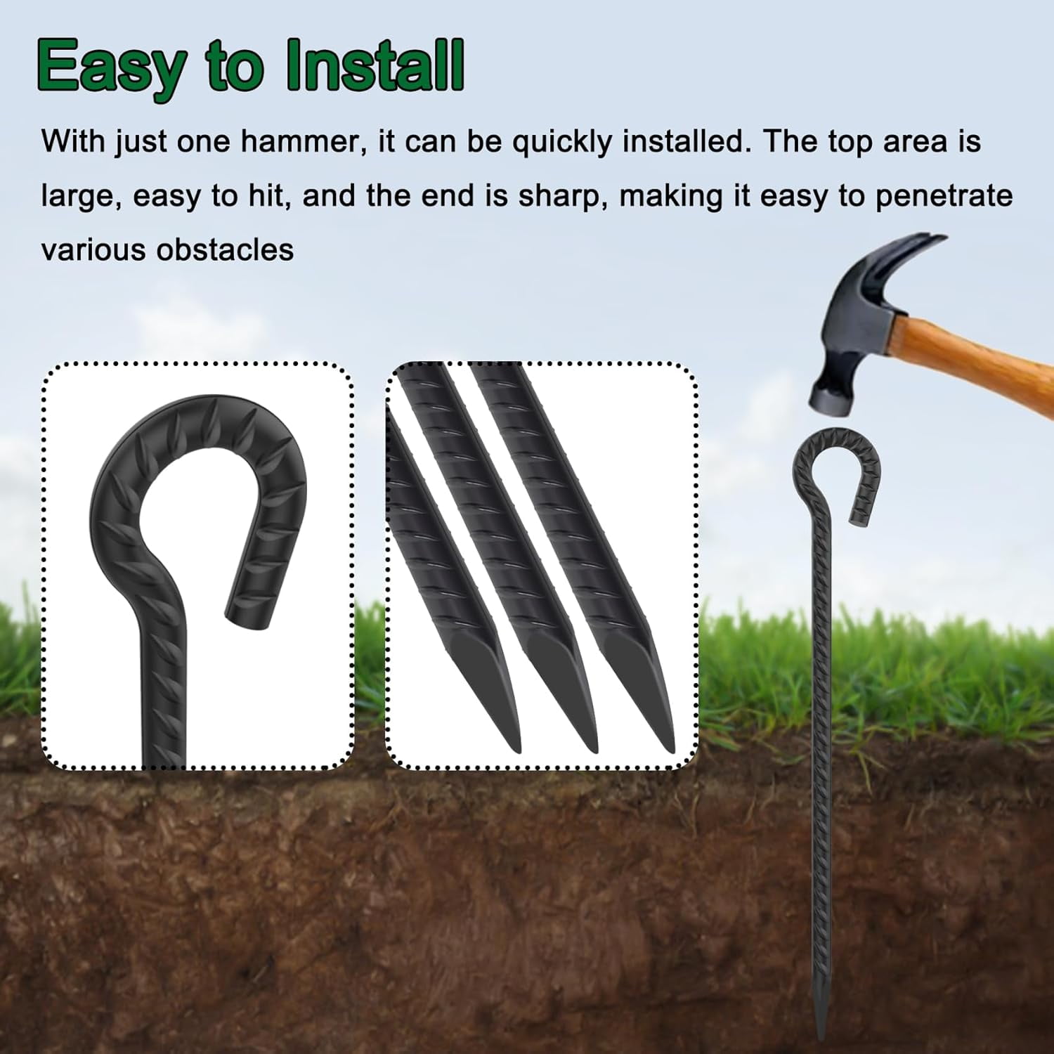 Heavy Duty 30 Inch Rebar Stakes 6 Pack - Black Steel Tent Anchors with  for Camping, Garden, and Yard