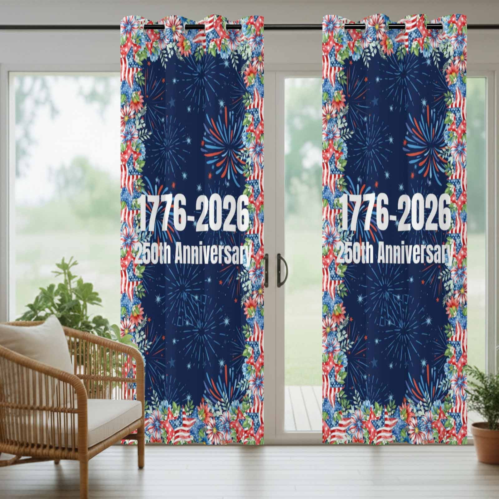 Independence Day Outdoor Curtains for Patio, 250th Anniversary Blue Red Sparklers Flowers Sunshade Privacy Drapes Grommet Waterproof Outside Curtains for Porch/Cabana/Balcony 54"x 108", 1 Panel
