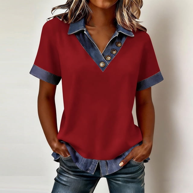 TaTaai Women’s Casual Lapel Button Blouse Short Sleeve Loose Fit Denim Stitching Pullover Top Solid Color Polyester Spring Holiday Wear Gift