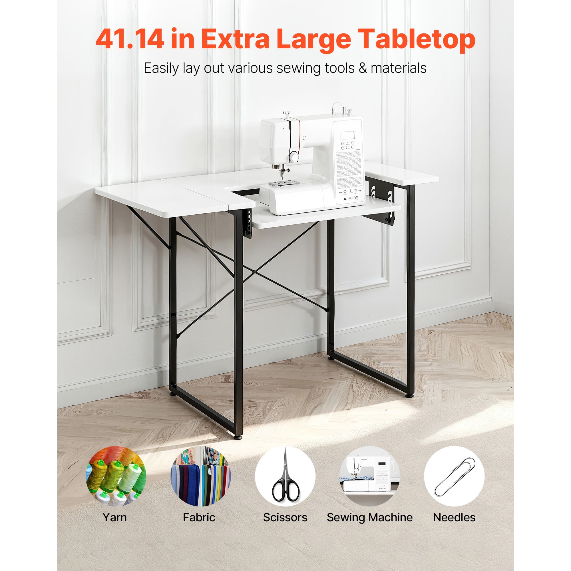 KFFKFF Multipurpose Sewing Table with Foldable Side Shelf, Adjustable Shelf, Sturdy Steel Legs, Ideal for Sewing, Crafting, Studying, and More, White