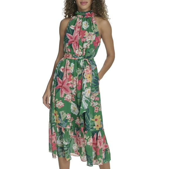 Falling Flowers Women's Chiffon Mock Neck Sleeveless Midi Dress, Sizes XS-XL