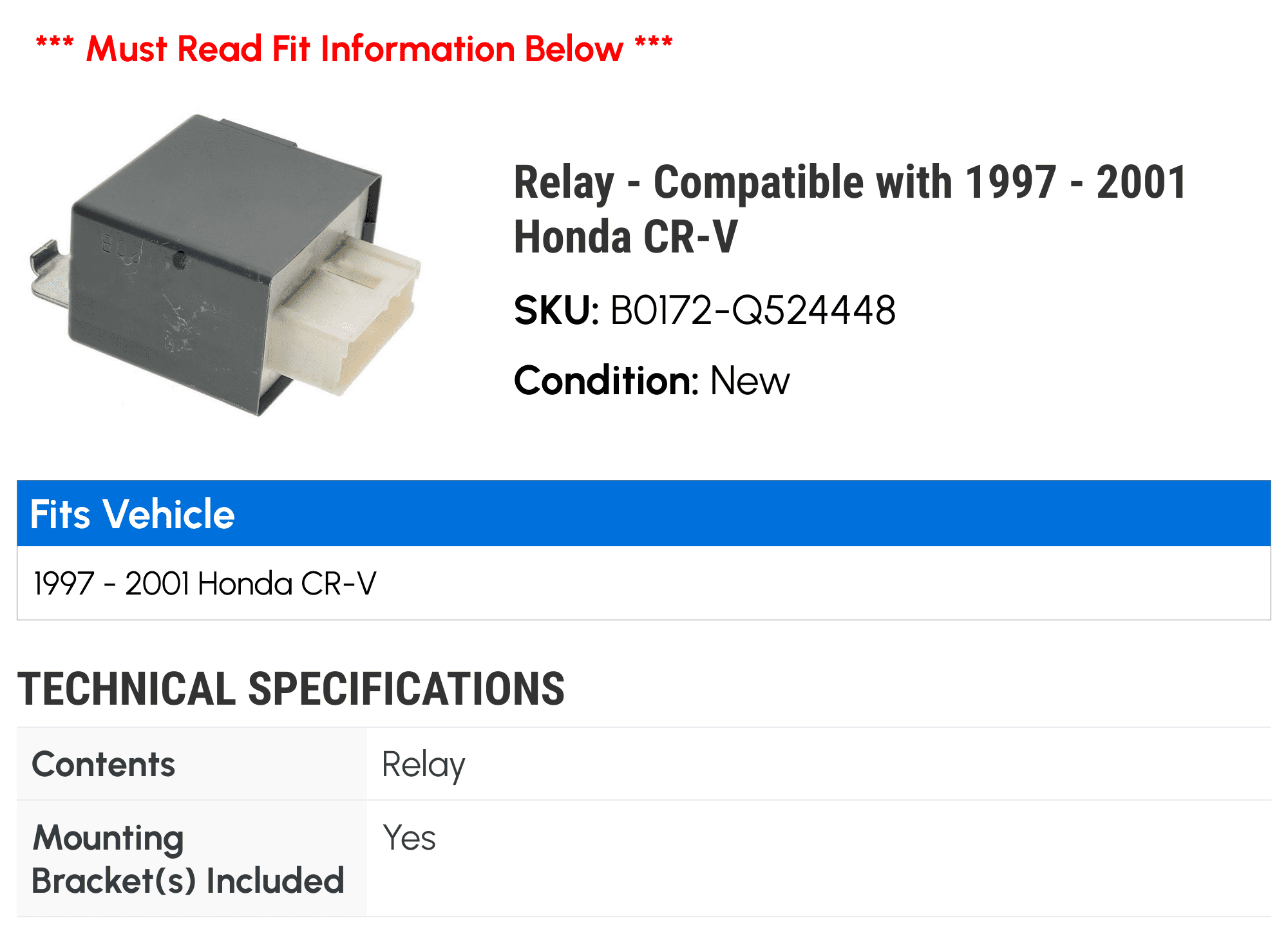 Main Relay - Compatible with 1997 - 2001 Honda CR-V 1998 1999 2000