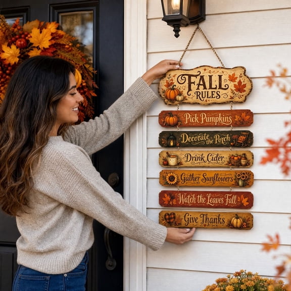 Fall Rules Wooden Hanging Sign 18.9in - Pumpkin Maple Leaf Sunflower Wall Decor for Front Door, Porch, Entryway, Mantel, Farmhouse Thanksgiving Autumn Harvest Decoration
