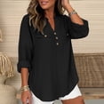 thumbnail image 6 of FAVIPT Women's Long Sleeve Cotton Tops Rolled Up Gauze Casual Shirts Curved Hem Henley V Neck Tees with Chest Pocket Black,S, 6 of 7