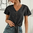 thumbnail image 2 of TIHLMK T Shirts for Women Black Ladies Polka Dot Printing Loose V-neck Lace Button Petal Short Sleeve Top Gift for Womens Tops, 2 of 7