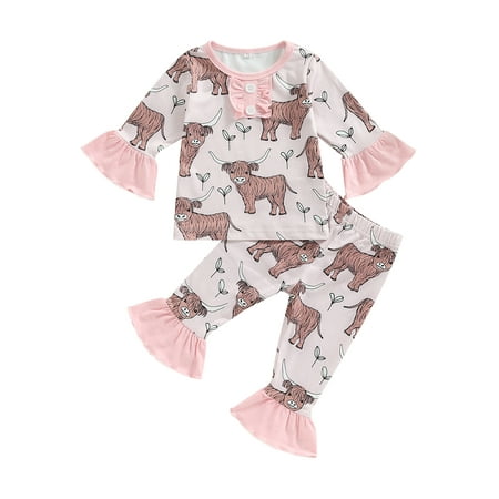 

Calsunbaby Infant Baby Girls Boys Spring Clothes Set Cartoon Cattle Print Long Sleeve Button Tops Trousers Outfits Pink 0-6 Months