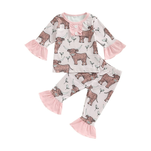 Mialoley Infant Baby Spring Clothes Set, Cartoon Cattle Print Long Sleeve O-Neck Button Tops + Elastic Waist Trousers