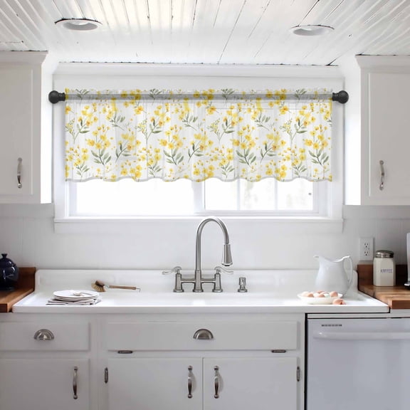 Yellow Flowers Spring Valance Curtains for Kitchen/Living Room/Bathroom/Bedroom Window, Elegant Farmhouse Botanical Rod Pocket Small Topper Half Short Window Curtains Voile Sheer Scarf 42"x12"