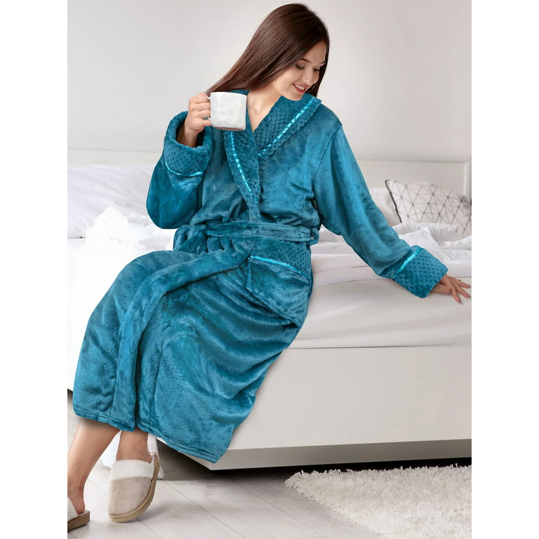 PAVILIA Soft Plush Women Fleece Robe, Blue Cozy Bathrobe, Female Long Spa  Robe, Warm Housecoat, Satin Waffle Trim, L/XL