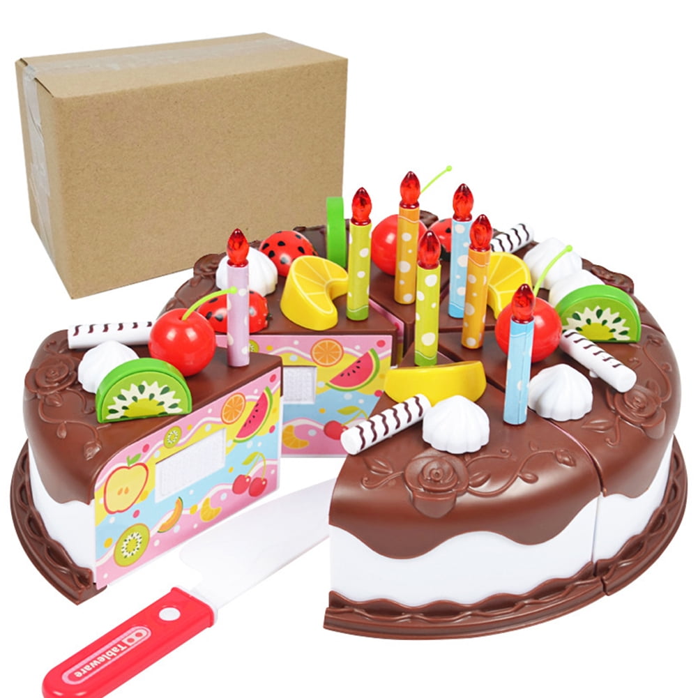 Leadingstar Birthday Cake Play Food Set 37 Pieces Plastic Kitchen Tea Party Pretend Play Cutting Toy Diy Your Own Cake
