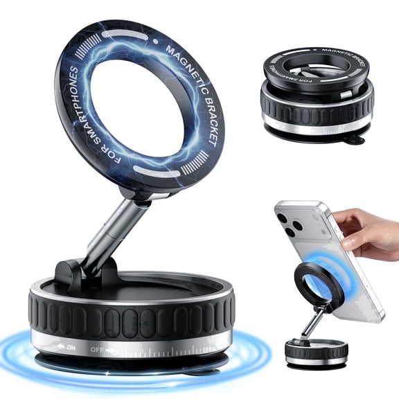 Vacuum Magnetic Phone Holder, 96 LBS Strong Suction, 360° Adjustable Cell Phone Holder for Car Dashboard, Windshield & Screen, Compatible with iPhone 12–17 Pro/Pro Max, Black