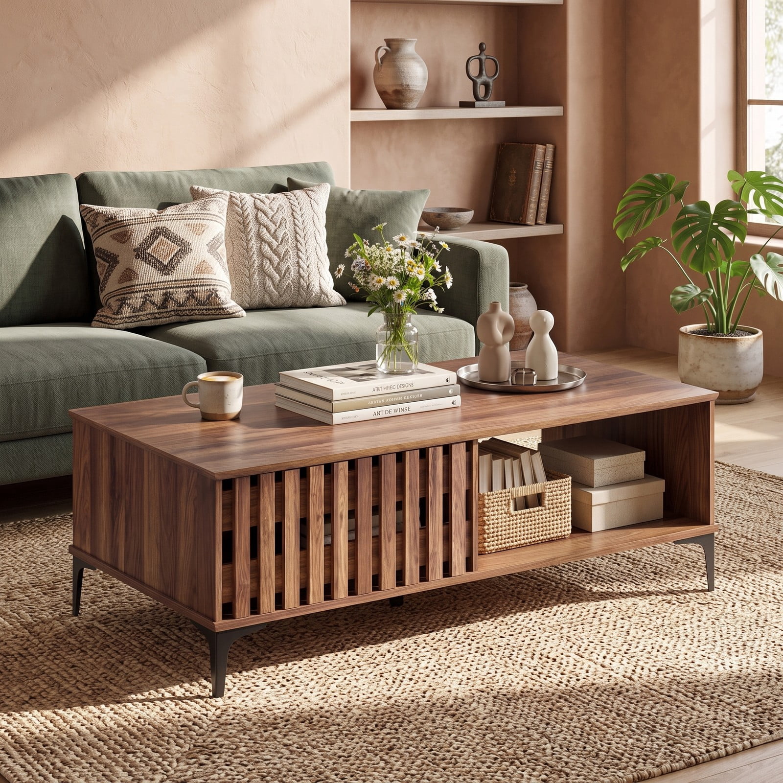 Furnibear 47 Inch Mid Century Coffee Table, Farmhouse Wooden Center Table with Storage Cabinets and Open Compartment, Rustic Living Room Sofa Accent Table with, Walnut
