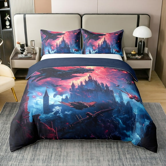 100% Cotton Western Dragon Duvet Cover Full,Magical Animal Comforter Cover,Red Blue Lightning Bedding Set,War Galaxy Bed Set（No Comforter）