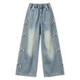 thumbnail image 3 of Leey-World Girls Pants Baggy Jeans for Girls Cute Kids Bow Embroidery Wide Leg Denim Pants High Waist Trousers Y2k Tween Clothes 7-13Y(Blue,13-14 Years), 3 of 6