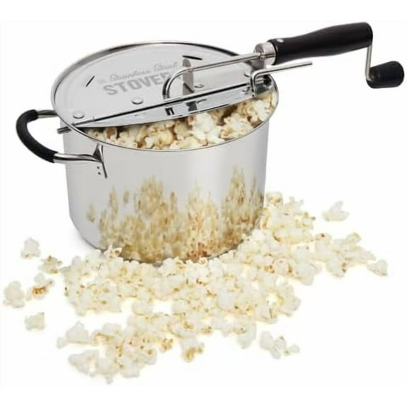 StovePop Stainless Steel Popcorn Popper - Gearless Hand Crank, Magnetic Lid, 6 Qt - Induction Range Compatible
