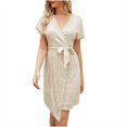 thumbnail image 1 of Gspmoly Robes pour Femmes, Nouvelle Robe Européenne à Manches Courtes et Col en V à Sequins, Robe à Perles à la Mode et Décontractée, Robe à Manches Courtes et Col en V, Robes Formelles pour Femmes, Offres de Vacances, 1 of 2