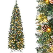 Homde Pencil Christmas Tree 6 Foot Pre-Lit Artificial Christmas Tree with Flocked Snow Pine Cone 170 Warm White Lights Holiday Decor