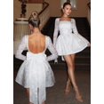 thumbnail image 2 of Elegant White Mini Flared Party Dress With Square Neck Long Sleeve Jacquard Lace And Open Back Bow Detail, 2 of 8