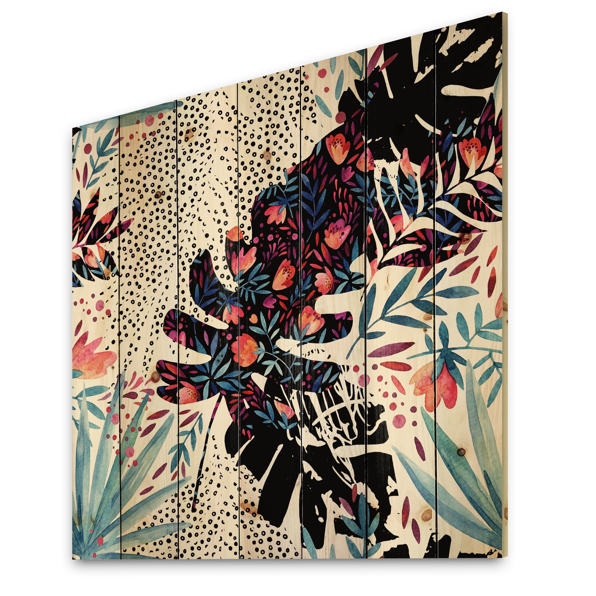 Designart 'Abstract Tropical Floral Patchwork I' Tropical Print on Natural Pine Wood