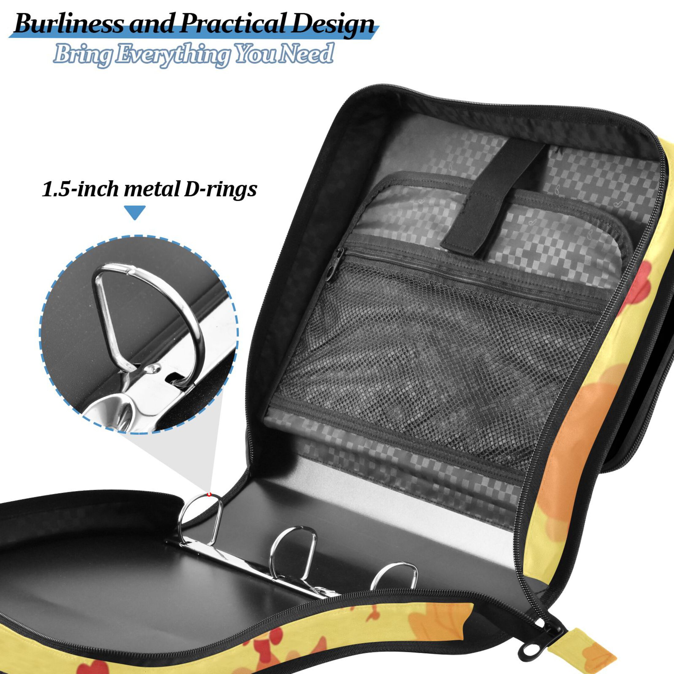 3 Ring Zipper Binder with Shoulder Strap Waterproof Trapper Keeper 2 Inch D-Ring 500 Sheets Capacity Cartoon Turkeys and Leaf