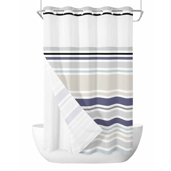 No Hook Cloth Fabric Shower Curtain with Snap in Liner, Beige Stripe Waterproof Shower Curtains Set with See Through Top Window, Modern Abstract Art Navy Blue Striped Rustic Bath Curtains 36"x72"