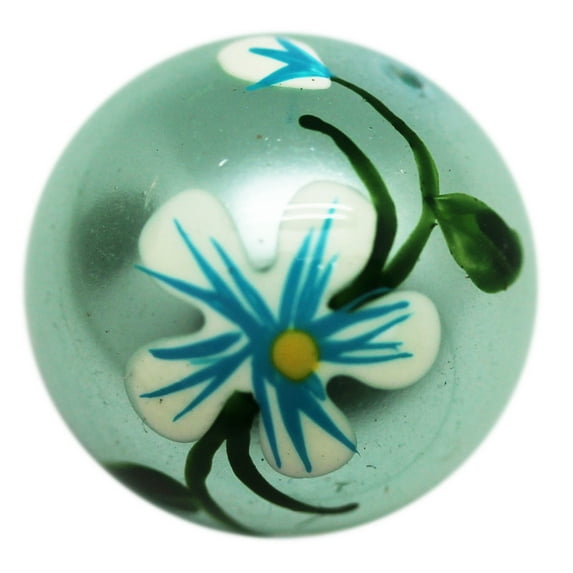 Mint Green Colored Spherical Bead With White and Teal Flower Graphic (Medium)