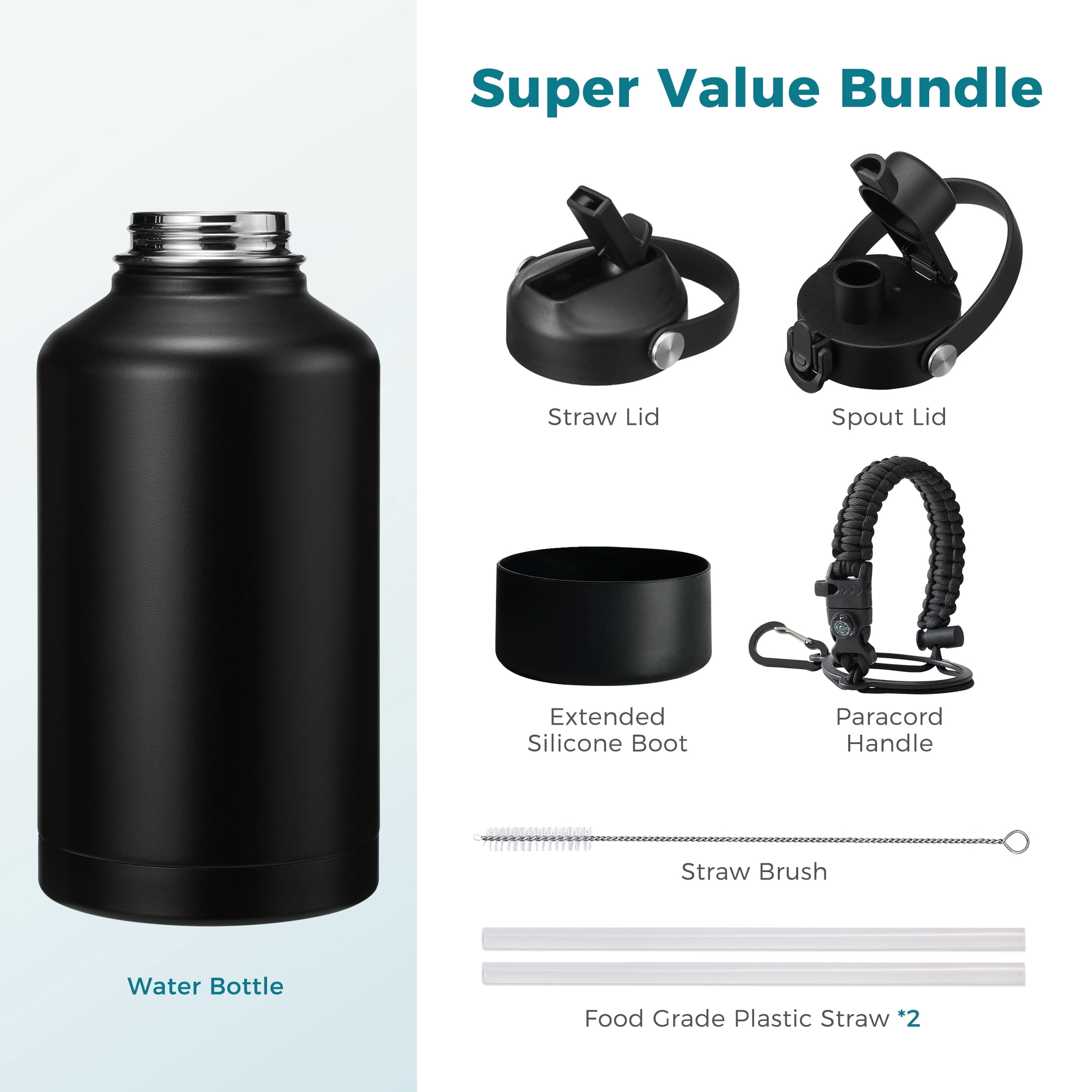 64oz Insulated Water Bottle with Straw & Spout Lids, Half Gallon Stainless Steel Jug, Leakproof, Cold 48H & Hot 24H