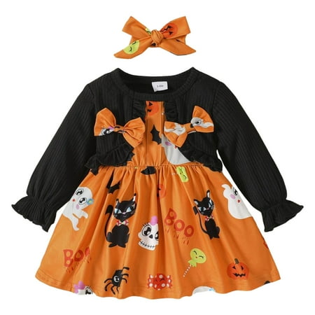 

LIhncine Girls Dress Toddler Girls Long Sleeve Prints Bowknot Dress Headbands Two Piece Outfits Set For Kids Clothes (Orange 6-9 Months)