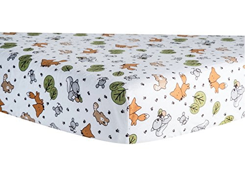 Trend Lab Friendly Forest Deluxe Cotton Flannel Fitted Crib Sheet. Colors of Tan, Orange, Gray, Green and White. Fits Standard Crib Size Mattress