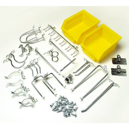 DuraHook 26-Piece Zinc Plated Steel Hook & Bin Assortment for DuraBoard or 1/8" and 1/4" Pegboard (24 Assortment Hooks & 2 Bins)