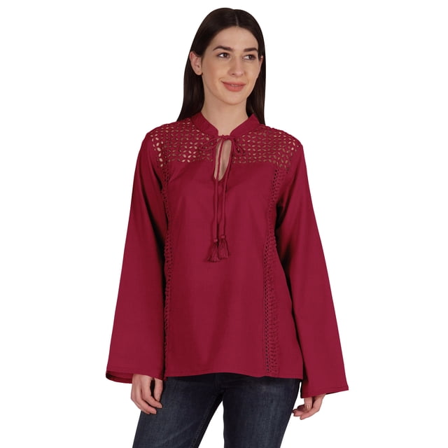 Moomaya Tunique Col Mandarin pour Femmes Manches Longues Été Coton Uni