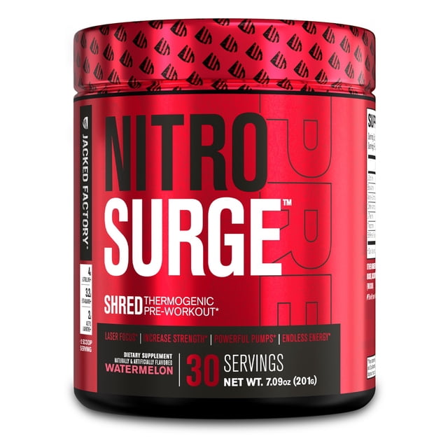 NITROSURGE Shred Thermogenic Pre Workout Supplement by Jacked Factory, a red container with bold black and white text. This watermelon-flavored dietary supplement supports energy, strength gains, sharp focus, and powerful pumps, with 30 servings per container. Ideal for cardio enhancement and body recomposition, it is manufactured in a cGMP-certified facility without artificial fillers or dyes.