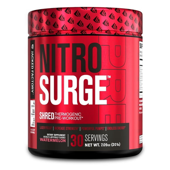 NITROSURGE Shred Thermogenic Pre Workout Supplement - Energy Booster, Instant Strength Gains, Sharp Focus, Powerful Pumps - Nitric Oxide & PreWorkout Powder - 30 Servings, Watermelon