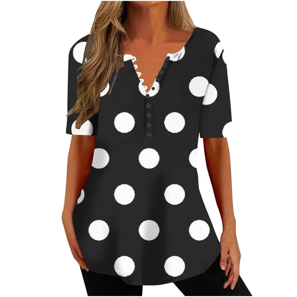 Tops Cortos para las Mujeres Impresas Blusas Botón Camiseta Manga Corta Cuello en V, Top de Moda para Primavera Verano