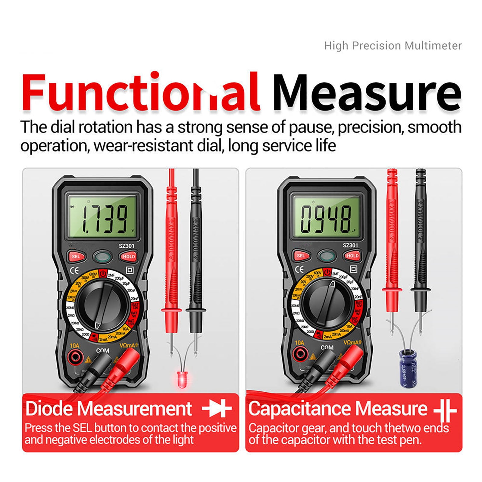 GUYUTING Electrical Tester Digital Multimeter AC/DC Voltage Current Resistance Diode Continuity Test Safe and Portable for DIY