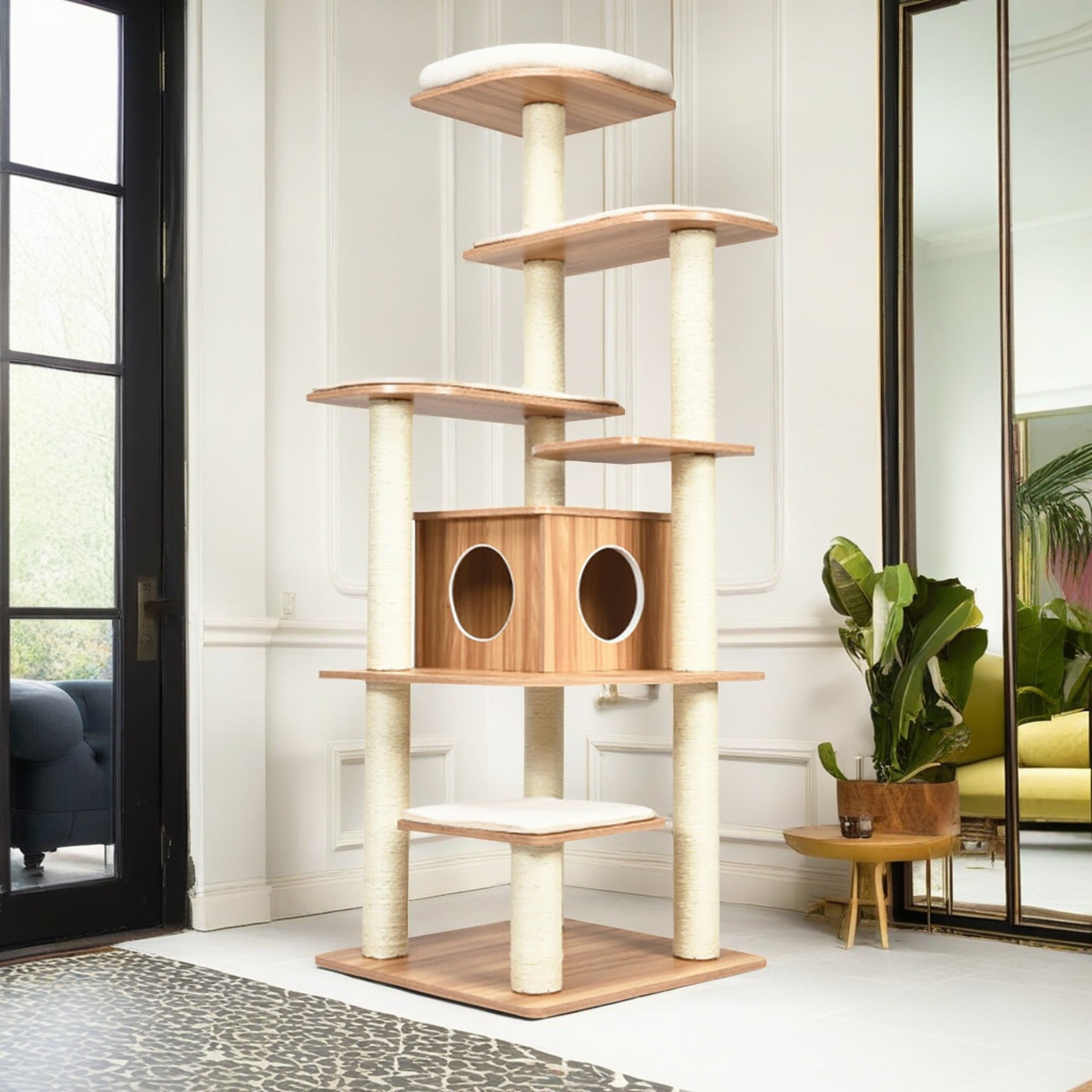resenkos 71" Modern Cat Tree Tower for Indoor Cats, Wood Cat Condo with Scratching Post and Removable Pads for Small Large Cats, Beige