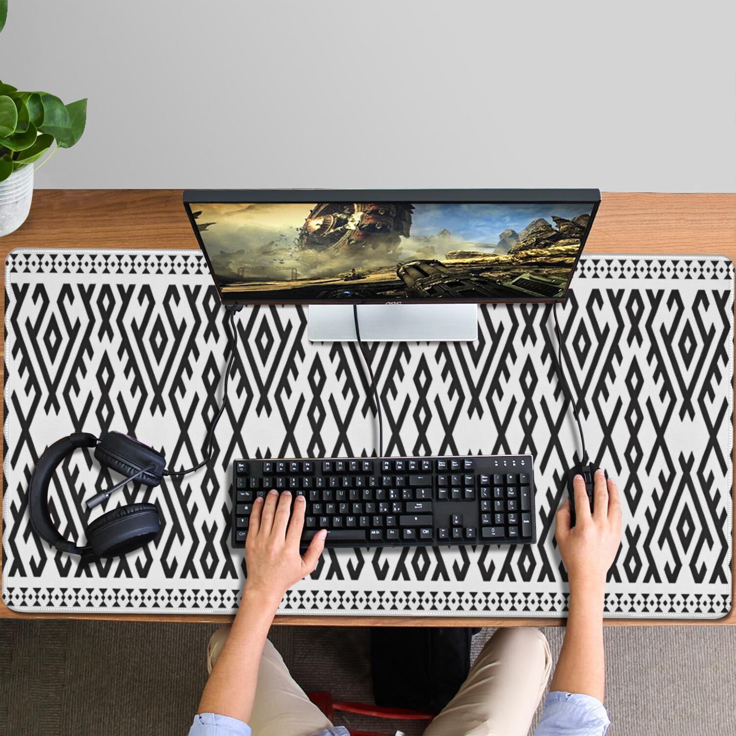 Long Mouse Pads for Desk,Black Geometric Striped Pattern Desk Mats on Top Of Desks, Desk Mouse Pad Extra Large with 3mm Non-Slip Base and Stitched Edge for Gaming,Office,Work,Home 47.3"x23.6"