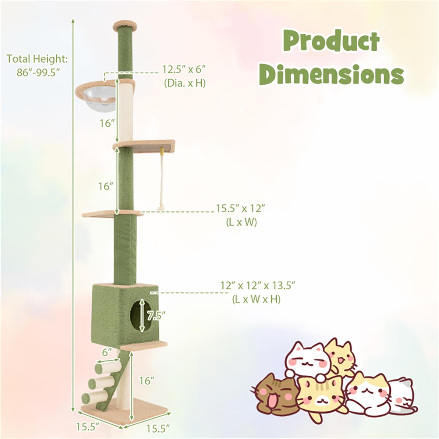 resenkos Modern Floor to Ceiling Cat Tree with 86-99.5 Inch Adjustable Height, Cat Tower Condo for Indoor Cats with Cozy Condos and Extra Post, Green