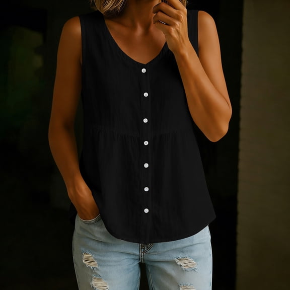 Shihyeh Cotton Linen Shirts for Women Empire Waist Button Down Blouses V Neck Peplum Tops Casual Sleeveless Lightweight T-Shirt