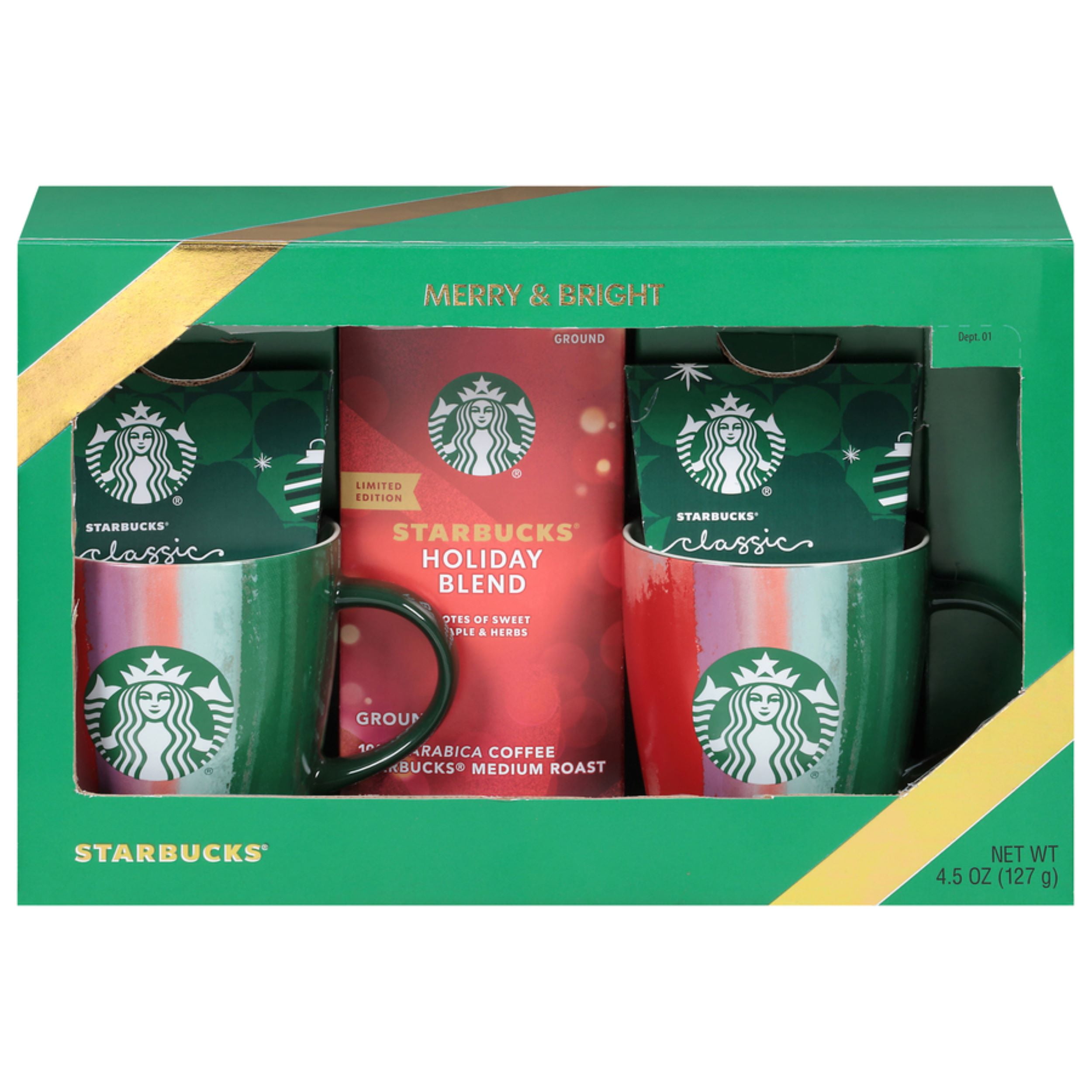 Merry and Bright Starbucks  Holiday Gift Pack with Ceramic mugs, Starbucks Classic Hot Cocoa and Starbucks Holiday Blend Coffee