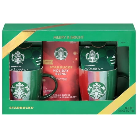 Merry and Bright Starbucks Holiday Gift Pack with Ceramic mugs, Starbucks Classic Hot Cocoa and Starbucks Holiday Blend Coffee