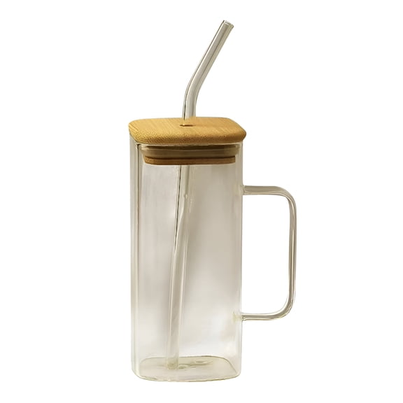 LAMIRO 40 Oz Square Glass Tumbler with Handle, Clear Drinking Cup with Bamboo Lid and Glass Straw, Portable Beverage Jar