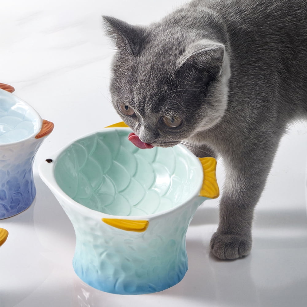 Cat bowl ceramic utensils protect cervical vertebrae eating pot cat food cat bowl colorful fish - GREEN