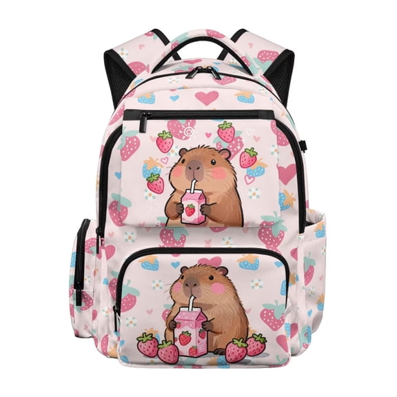 FULALDOLG Capybara Backpack for Girls Elementary School Bookbag Strawberry 17 Inch Kids Bookbag with Adjustable Strap Lightweight Zippered Knapsack
