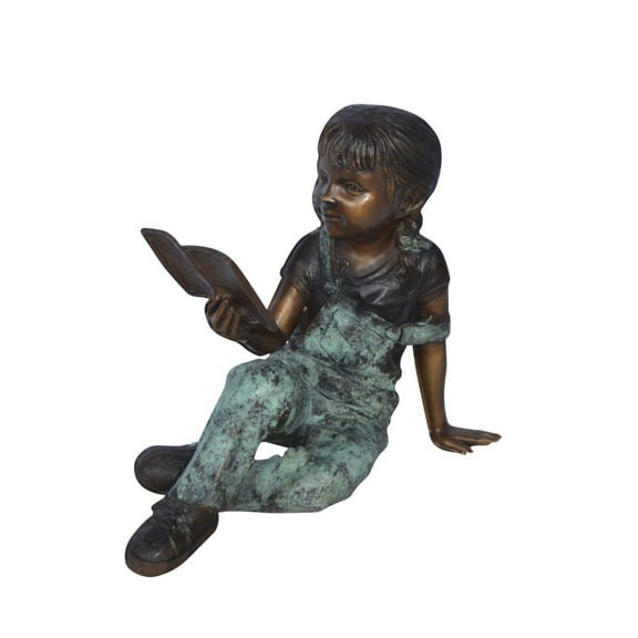 Nifao Young girl laying and reading book bronze statue – Home Office Decor Sculpture, 18"L x 9"W x 16"H