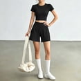 thumbnail image 3 of Women's 2 Piece Yoga Workout Outfit Crewneck Short Sleeve Crop Top and Athletic Shorts Sets Casual Tracksuits Running Gym Matching Set Black, 3 of 4
