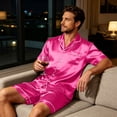 thumbnail image 6 of Leidass Mens Pajama Set Short Sleeve Button Down Sleepwear Set with Shorts Satin Lounge Set Notch Collar Pocket Hot Pink L, 6 of 6